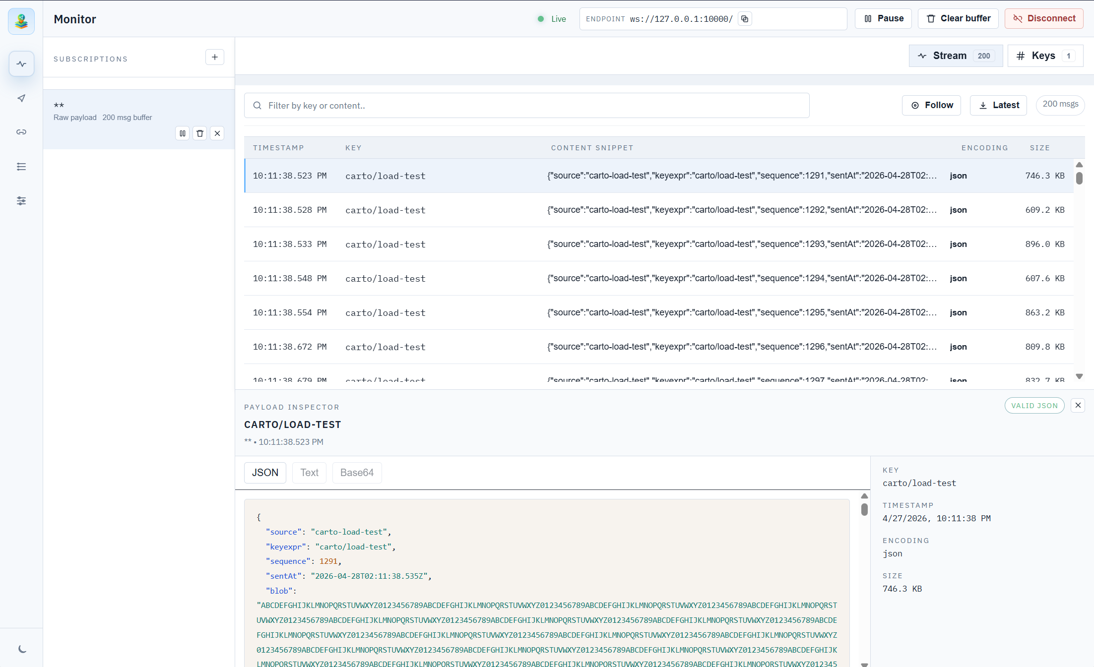 Carto monitoring a live Zenoh stream and inspecting a JSON payload