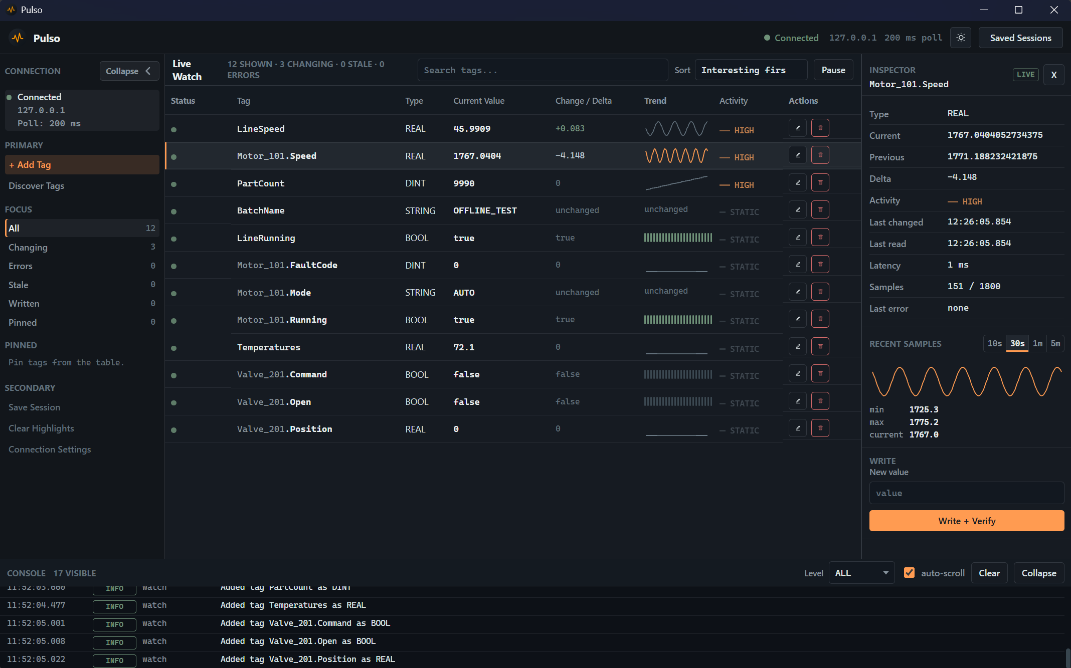 Pulso live watch showing PLC tag state, inline trends, an inspector, write verification, and an event console